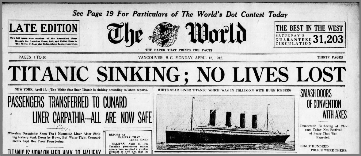 TItanic sinking headline: no lives lost