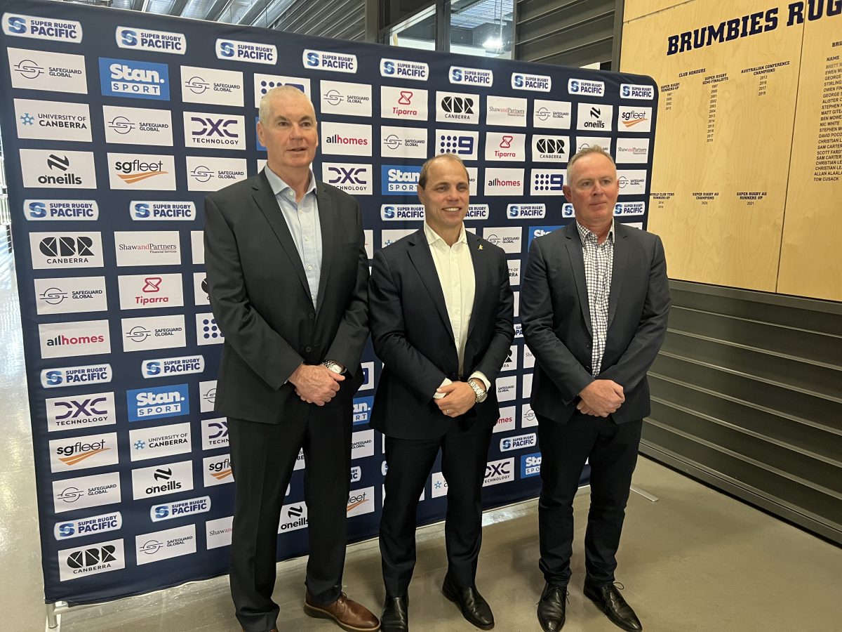 Brumbies CEO Phil Thomson, Rugby Australia CEO Phil Waugh and Brumbies chair Matt Knobbs
