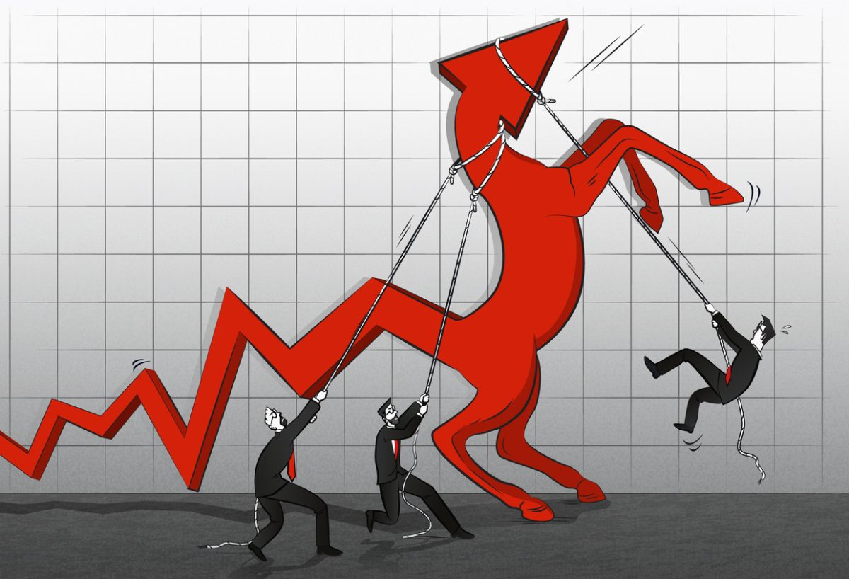 cartoon of people trying to control eocnomic chart