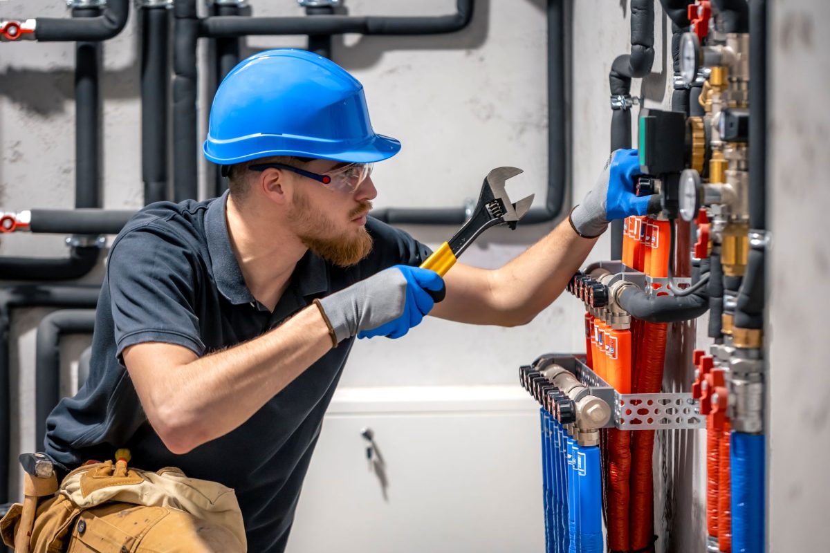 technician checking building plumbing