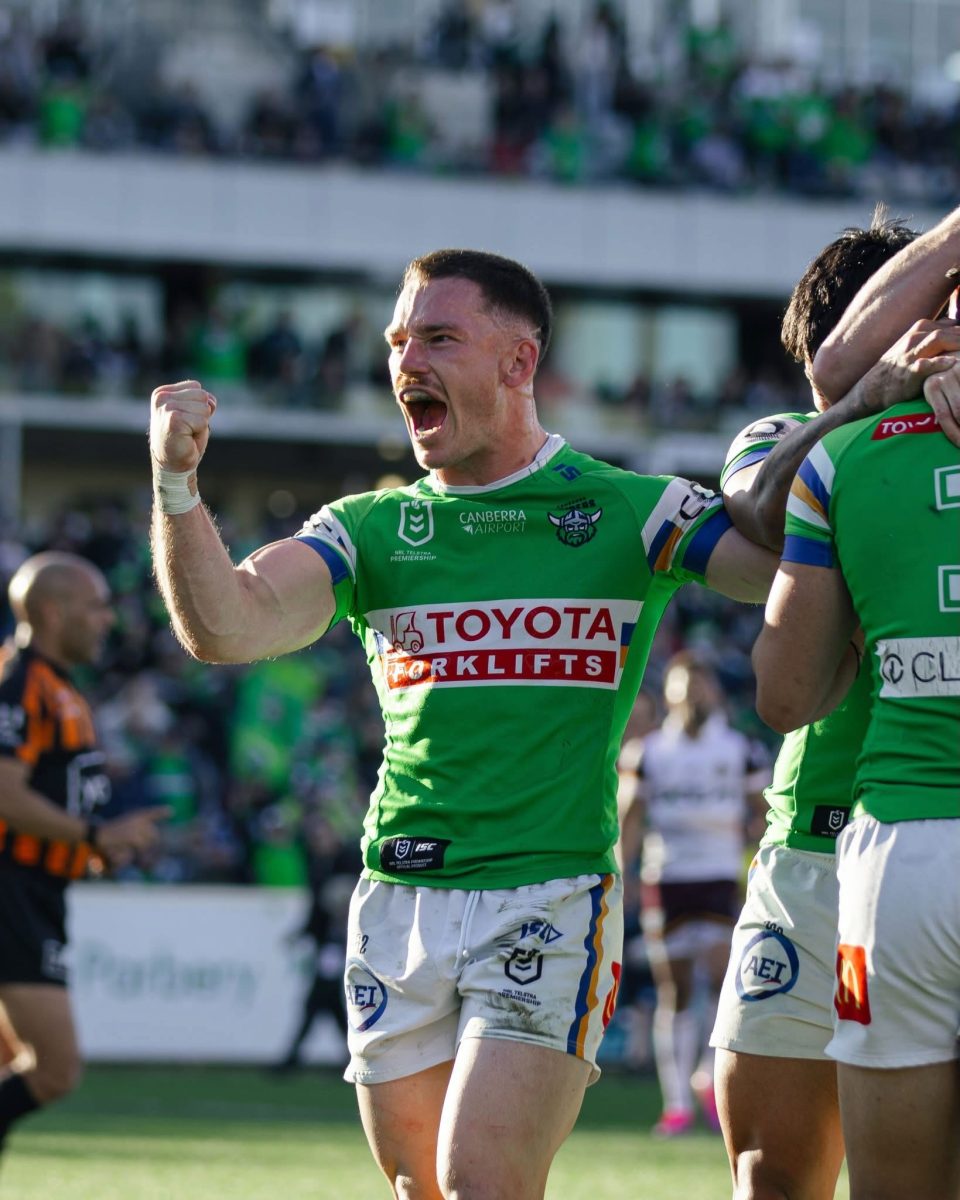 Starling enjoys a moment during the 28-29 loss to the Broncos at GIO in golden point. Photo: Supplied, Canberra Raiders.