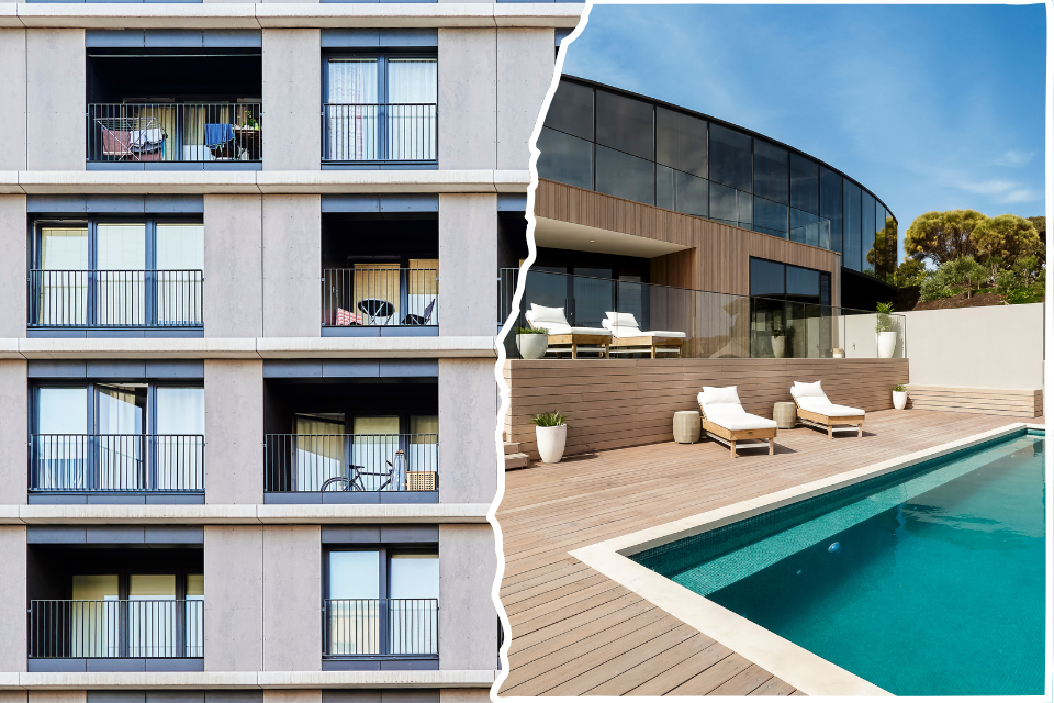 Collage of two housing prospect - a modest apartment building and a luxury coastal home