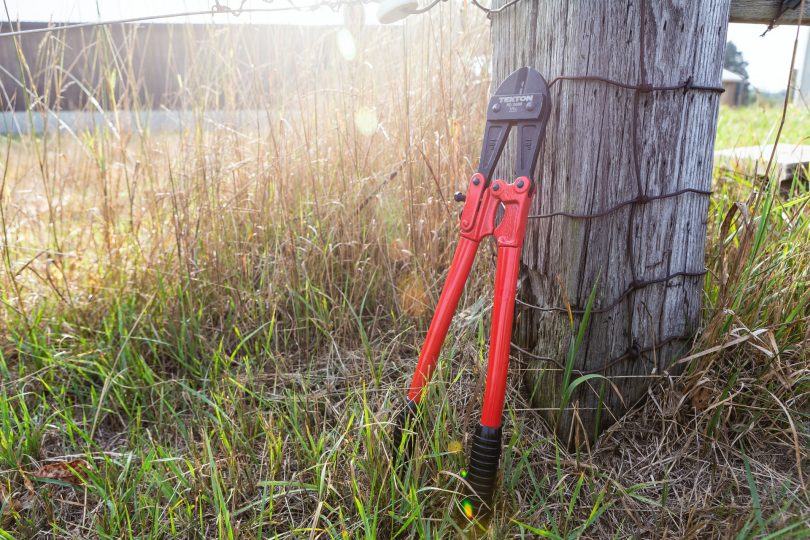 Pair of bolt cutters leaning against rural fence post.