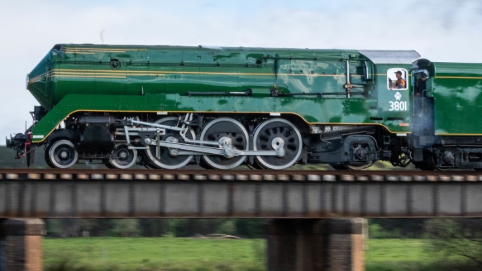 3801 locomotive crossing bridge.