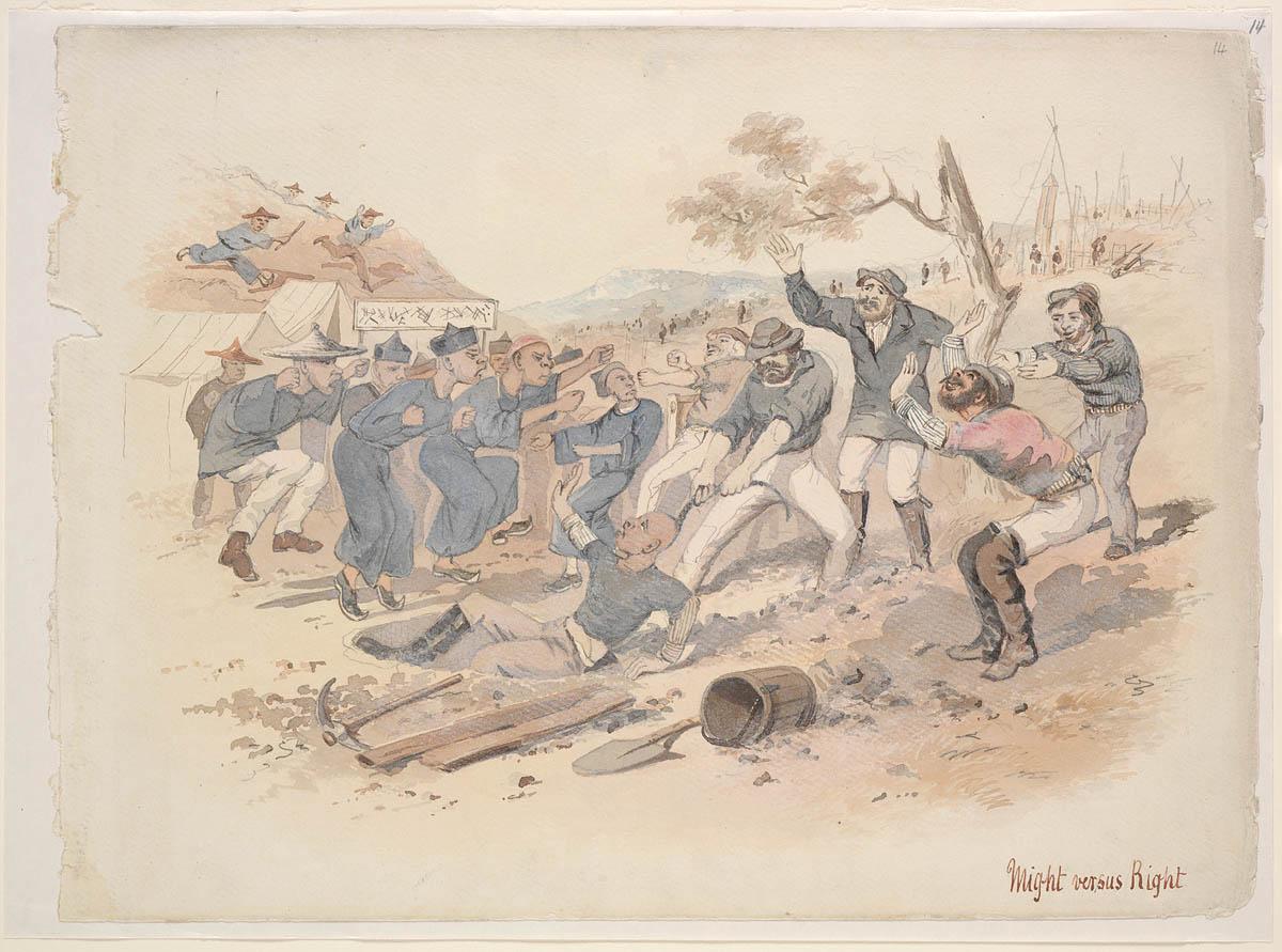 Scenes reminiscent of Lambing Flat's riots are exampled in <em>Might versus Right</em> by S T Gill, c.1862-1863, J T Doyle's sketches in Australia by John Thomas Doyle &amp; Samuel Thomas Gill.