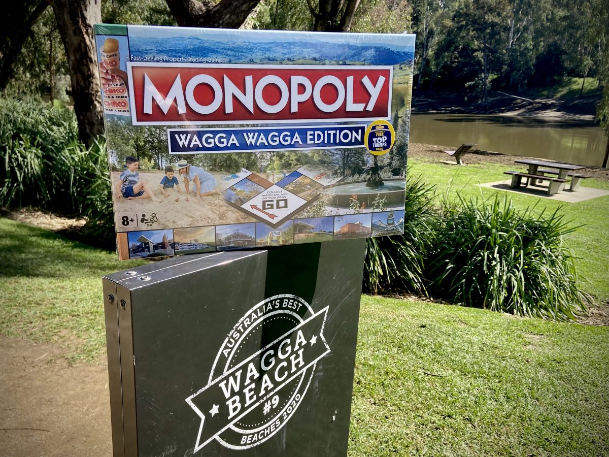 Boxed Wagga Monopoly board game on a sign