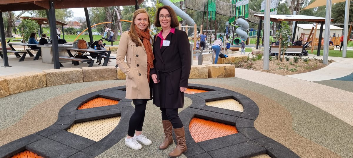 Rebecca Quinsey and Ellen Higgins at the Wagga playground they designed