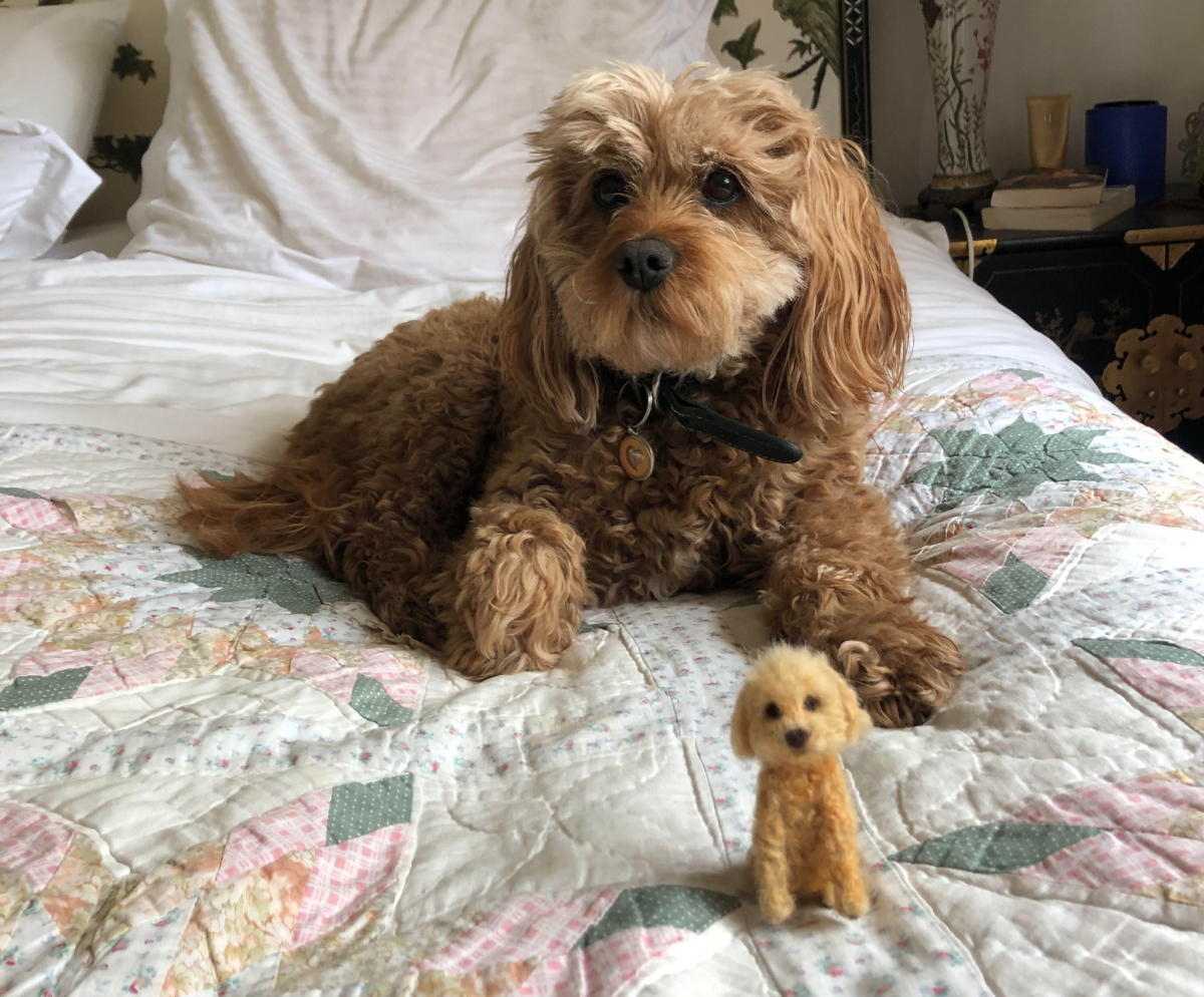 Dog with miniature dog felt figurine