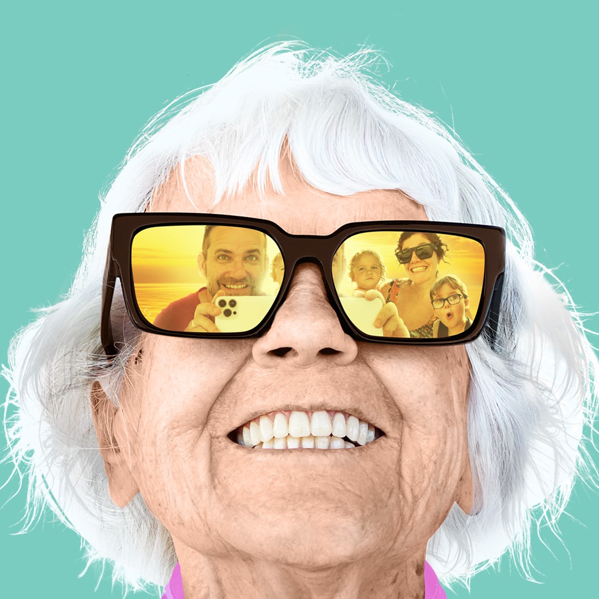 Promotional picture of a grandmother wearing sunglasses reflecting a young family taking her picture