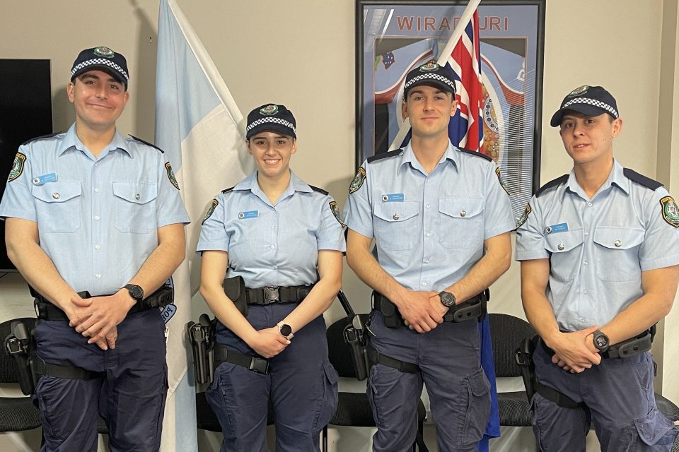 (Left to right) Constables Andrew Griffiths, Taylah Efsthehiou, Hayden Morrison, and Mourish Condie hail from the Taree, Canberra, and Sydney regions and are looking forward to their new life in the country. Photo: Taylor Dodge.