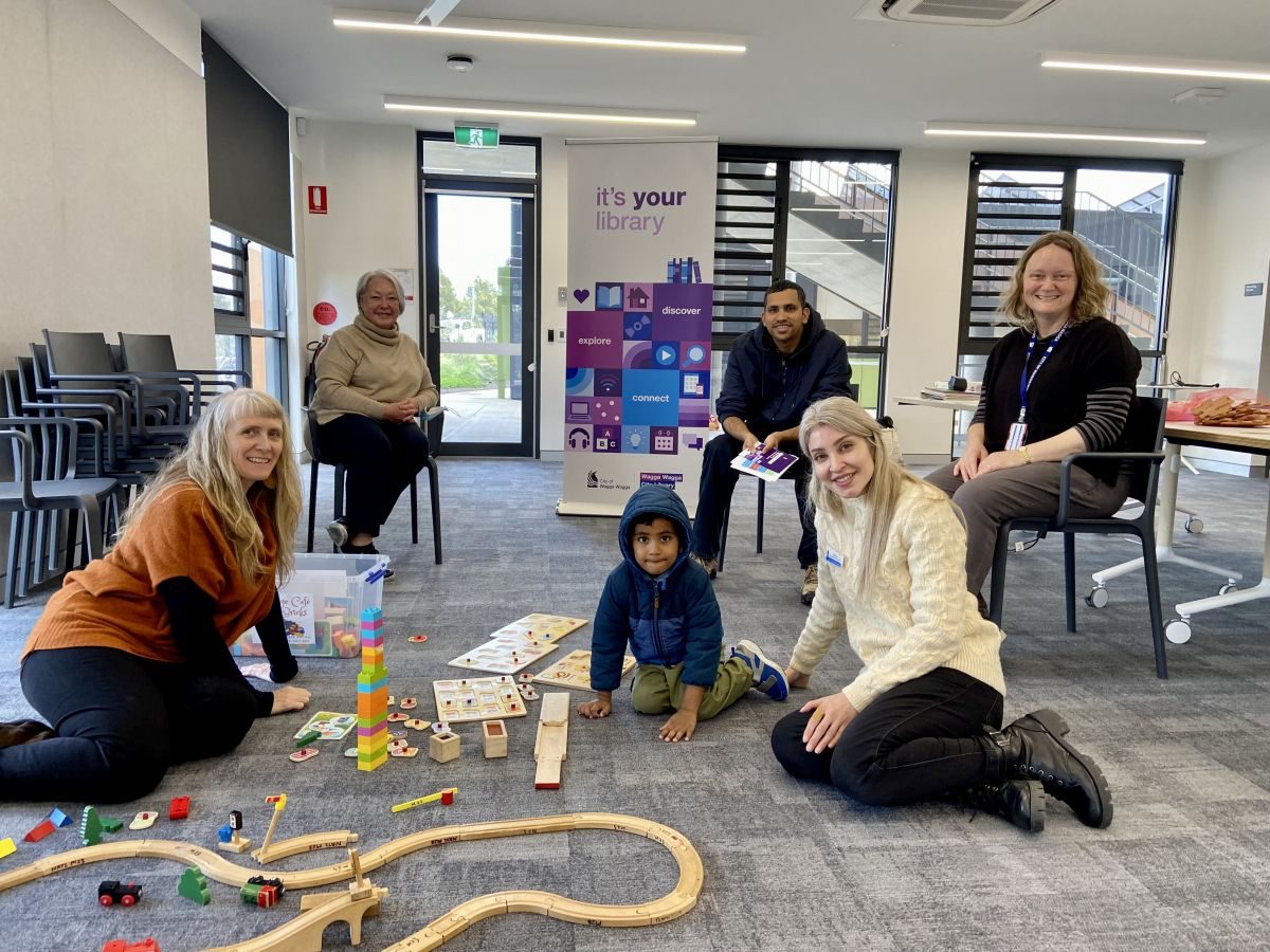 Council’s Multicultural Services Officers Maryanne Gray (left) and Mahsa Nikzad (front right) facilitating a relaxed LEAP program session with community attendees Ance Esthappan and his four-year-old son Stephan Joseph Ance.