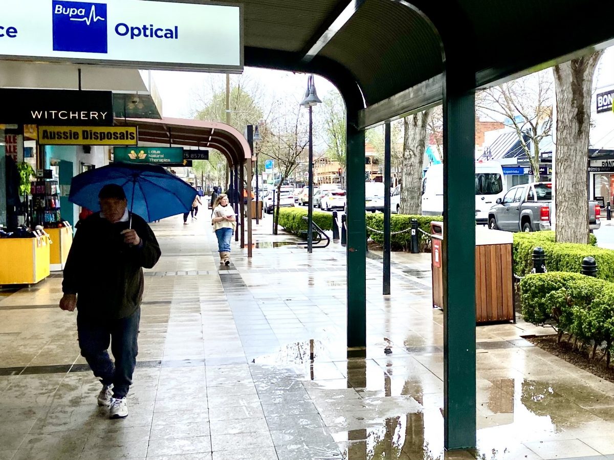 person walking in rain with umbrella