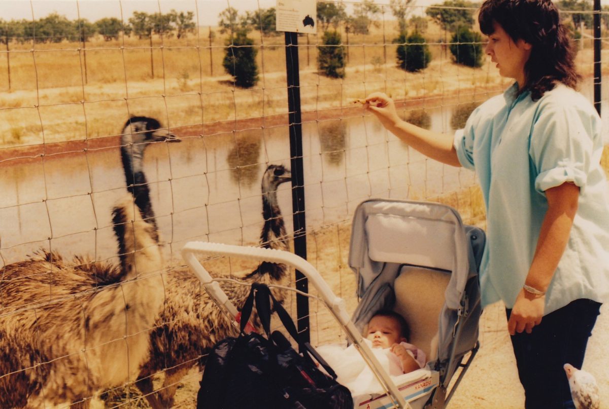 Woman, baby and emus