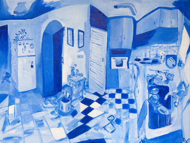 painting of kitchen in blue and white 