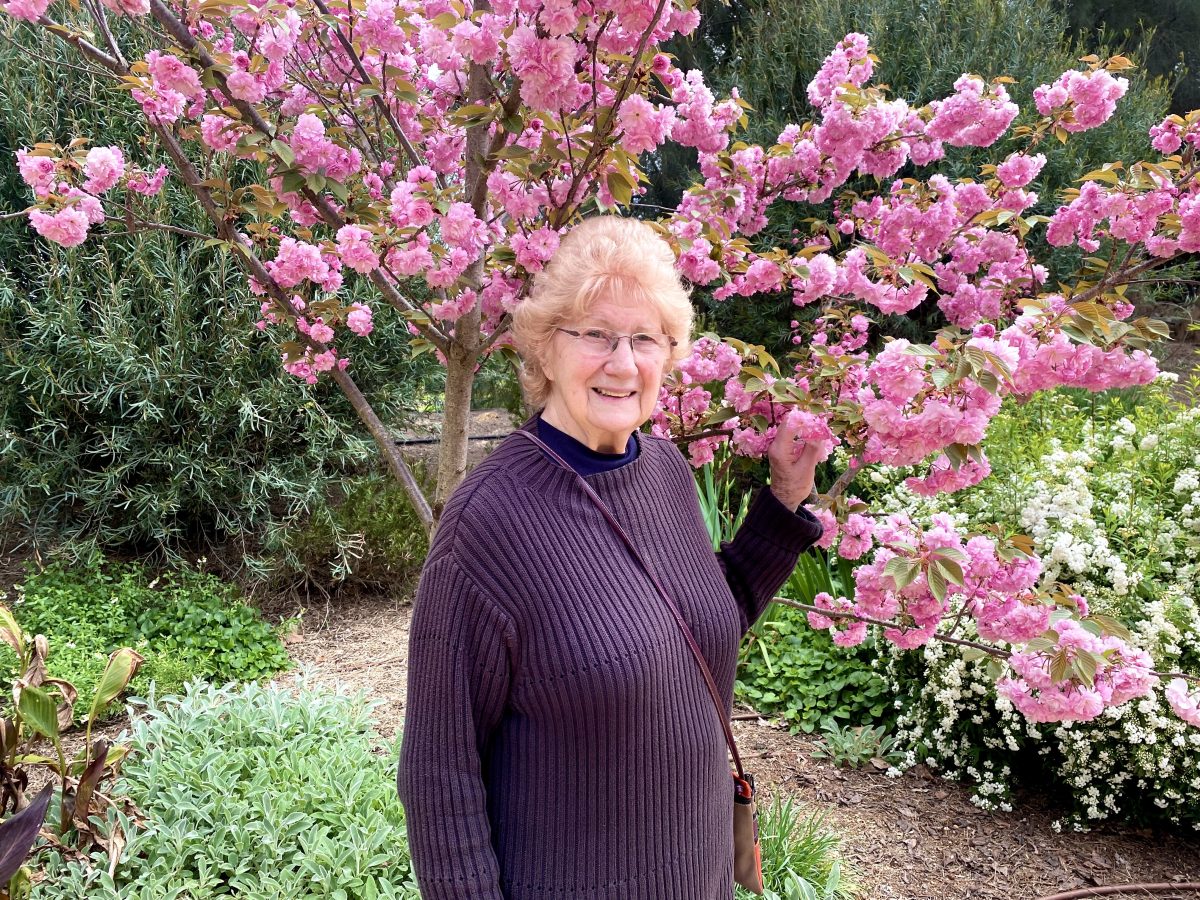 Emeri De Bortoli in front of cherry blossoms