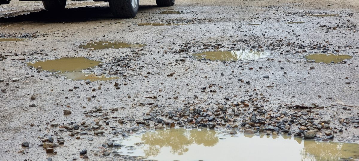Rain-soaked potholes on a street