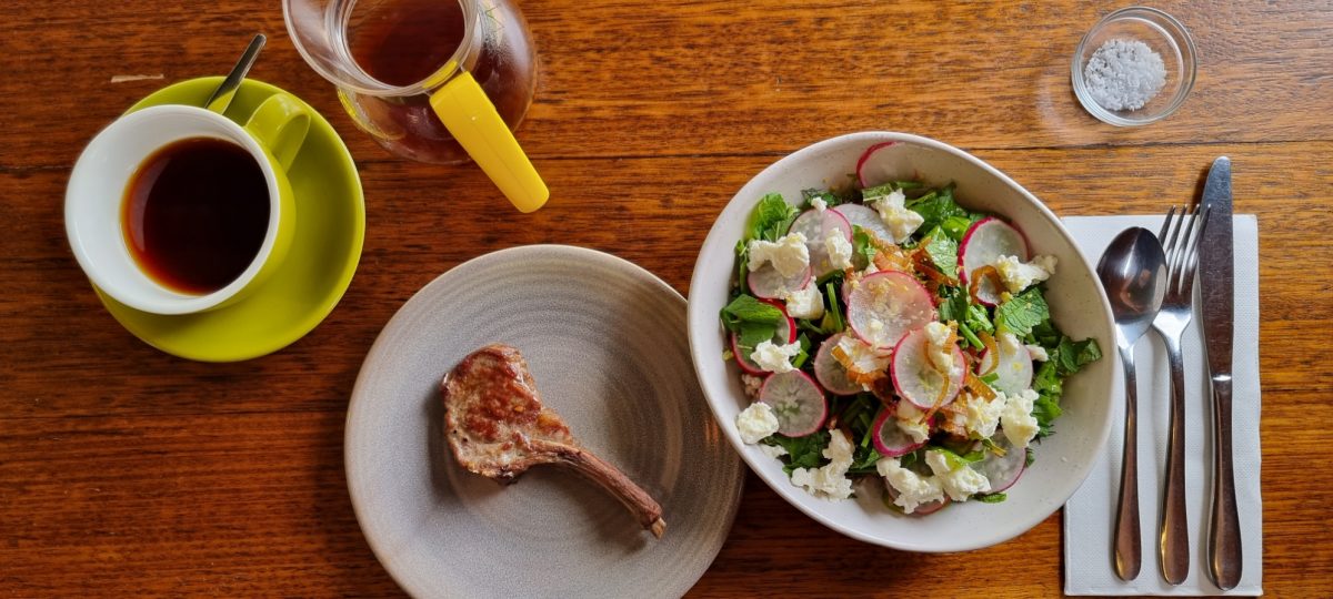 A radish salad and lamb chop