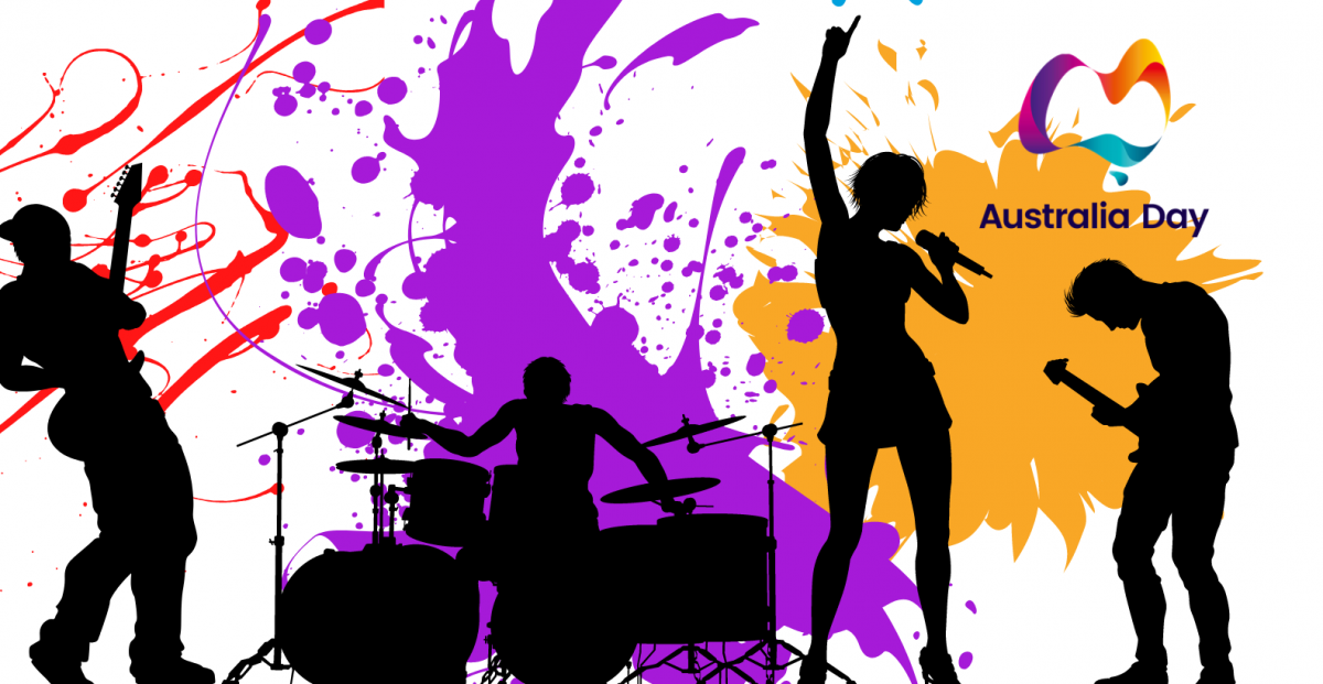 Flyer for Gowi Groove On The Grass event depicting silhouettes of band members against a colourful background