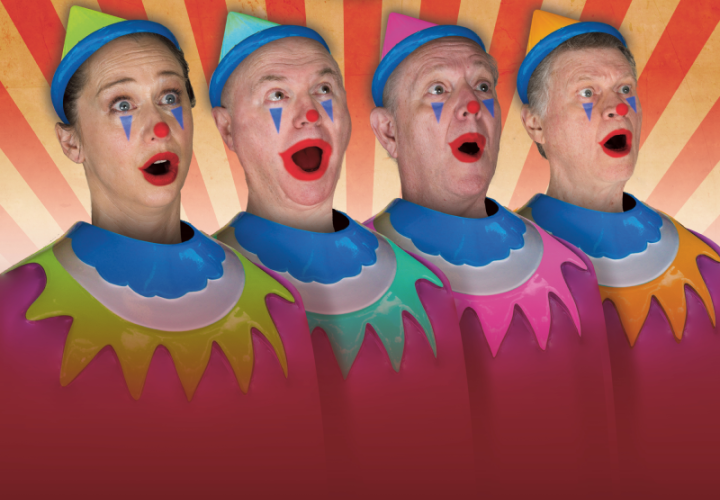 Four members of The Wharf Review dressed as carnival clowns