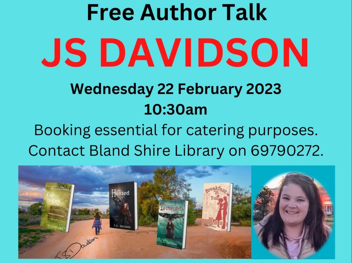 Flyer for free author talk with JS Davidson at Bland Shire Library