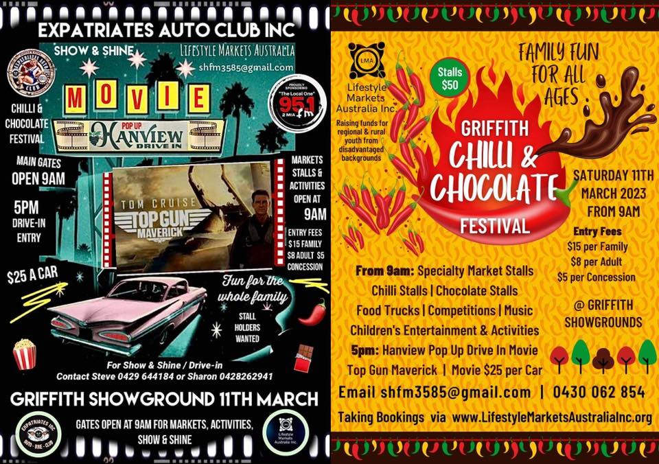 Flyer for the Griffith Chilli & Chocolate, Car Show and Drive-In Cinema Movie