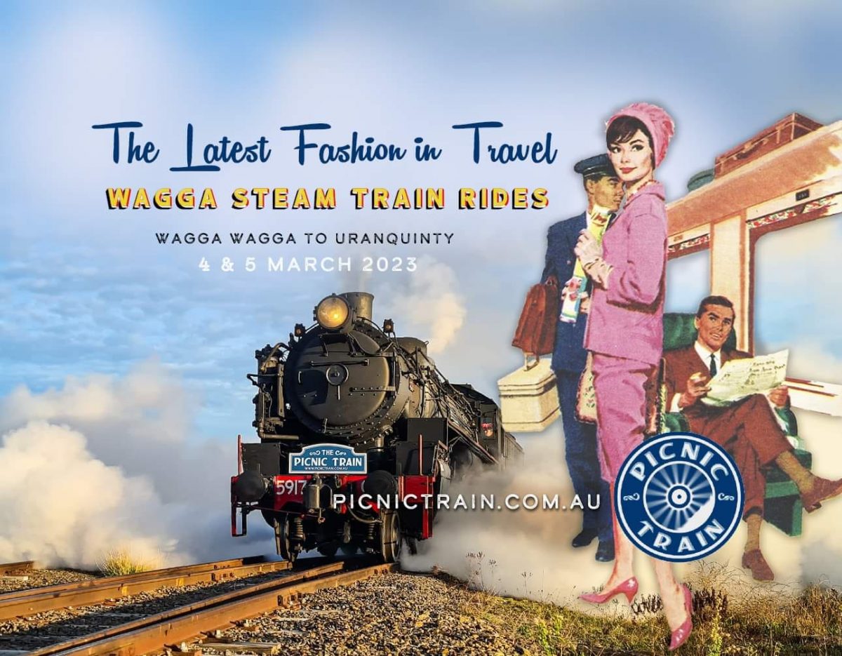 Flyer for Picnic Train in Wagga featuring steam locomotive