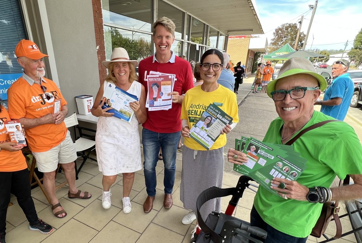 Wagga election candidates Julia Ham, Dan Hayes, Andrianna Benjamin and Ray Goodlass handing out how-to-vote cards