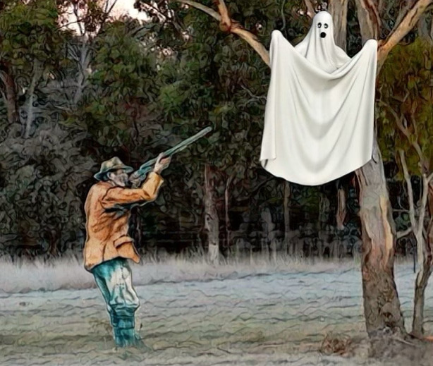 man aiming rifle at ghost in tree