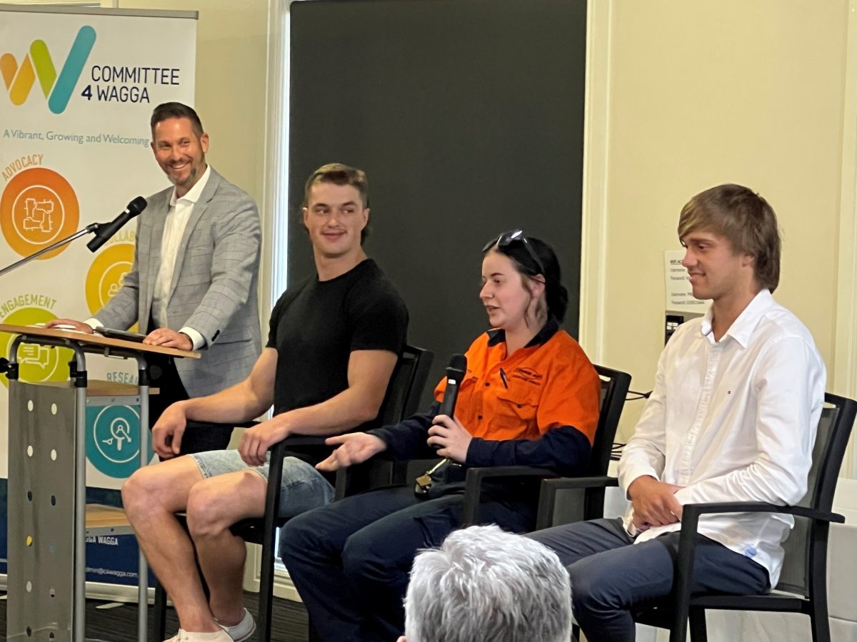 Committee 4 Wagga chair Adam Drummond with a panel of apprentices at the launch of the Made For Trade program