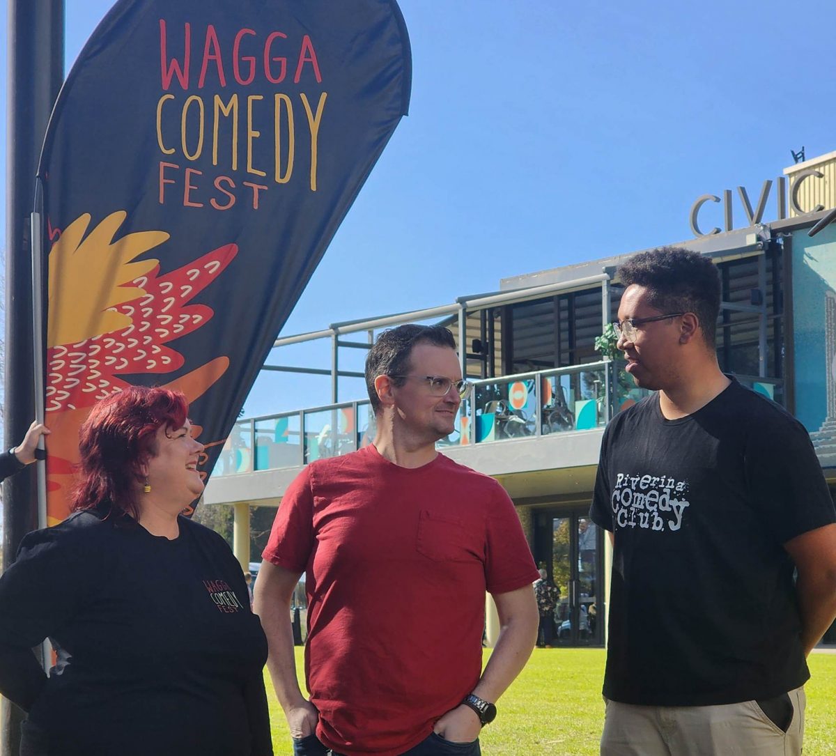 Wagga Civic Theatre manager Isobel MacCullum, radio host Jamie Way and Riverina Comedy Club member Aidan Mungai