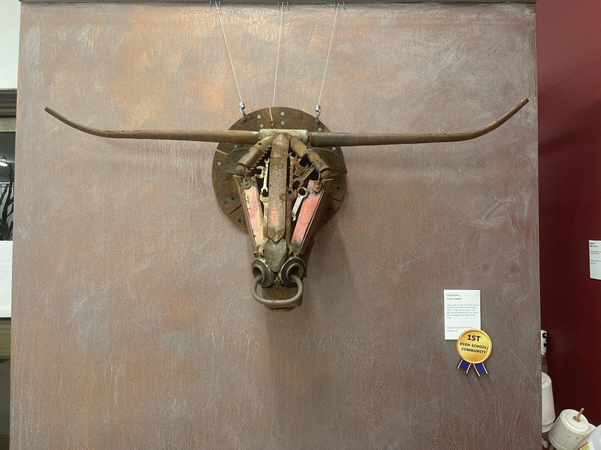 A scrap metal bull head sculpture