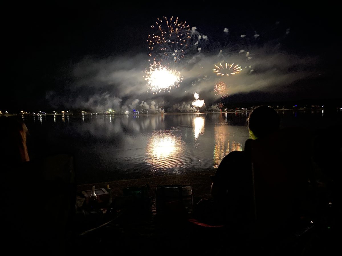 Fireworks erupting over Lake Albert