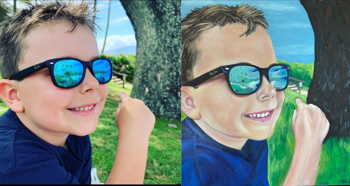 Portrait of a young boy in sunglasses next to a painting of the portrait