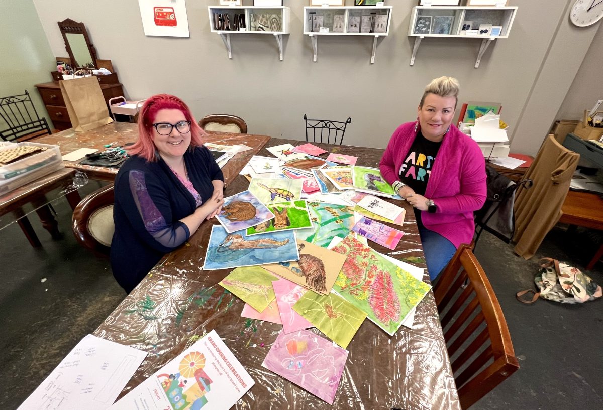 Elaine Camlin and Megan Cameron with some of the 120 artworks that will form a community mural.