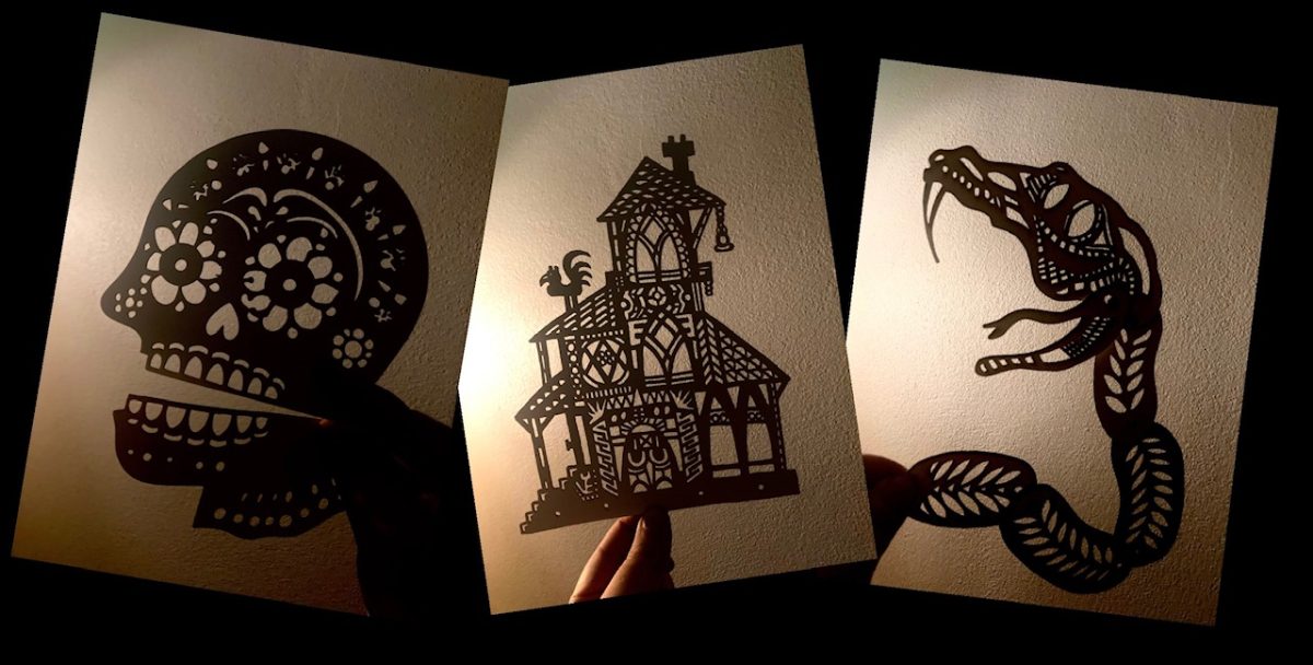 Some of Sam Bowker's spectacular shadow puppets for an Evening with Krampus. 
