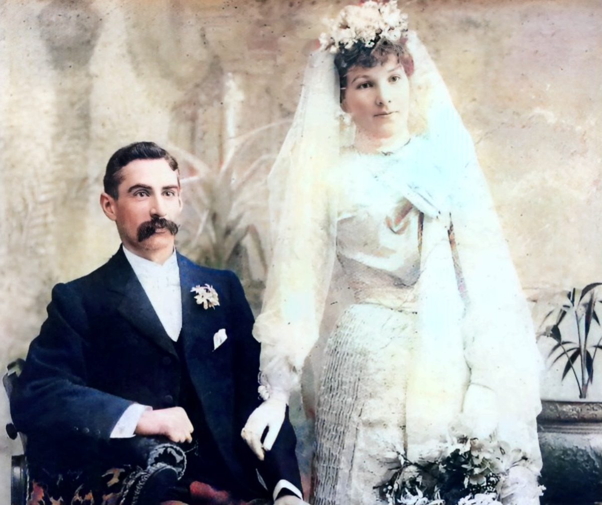 A colourised detail from the wedding photo of Miss Edith Mena Blamey and Mr Claude Llewelyn Willie Daley.