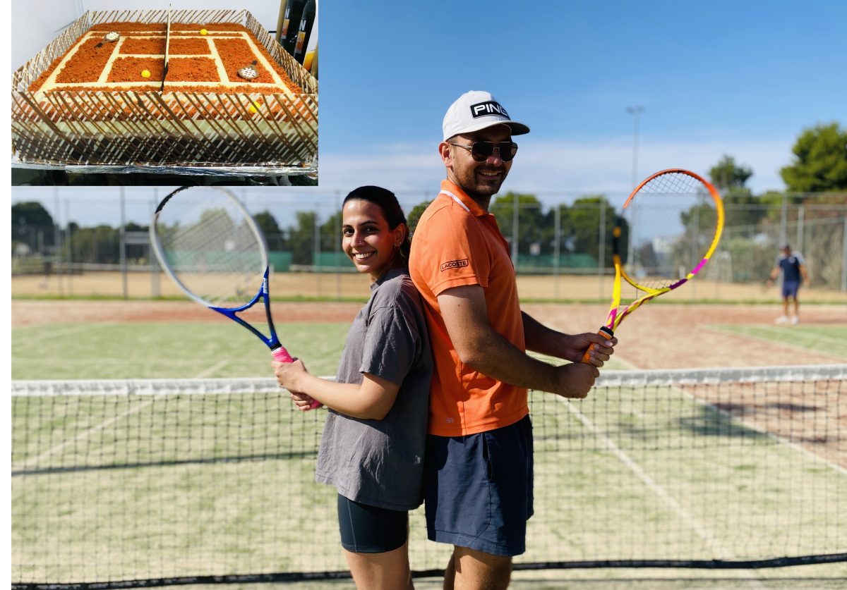 tennis court cake superimposed on image of man and woman holding tennis racquets