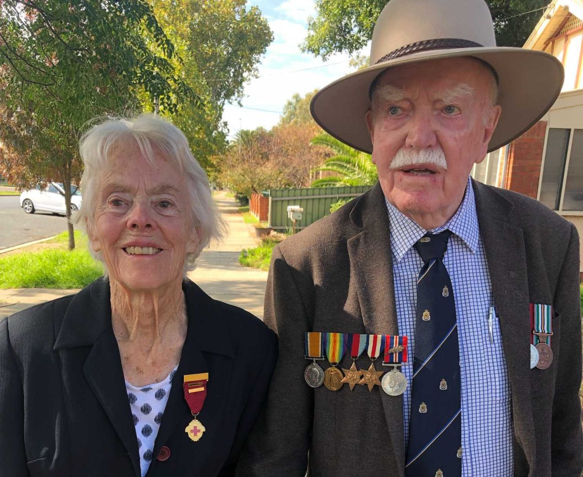 Rosemary and Nick Hutchins preparing to march on Anzac Day. Photo: Katrina Roe.