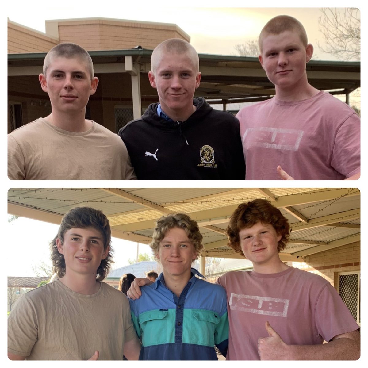 Three boys before and after shaving their heads