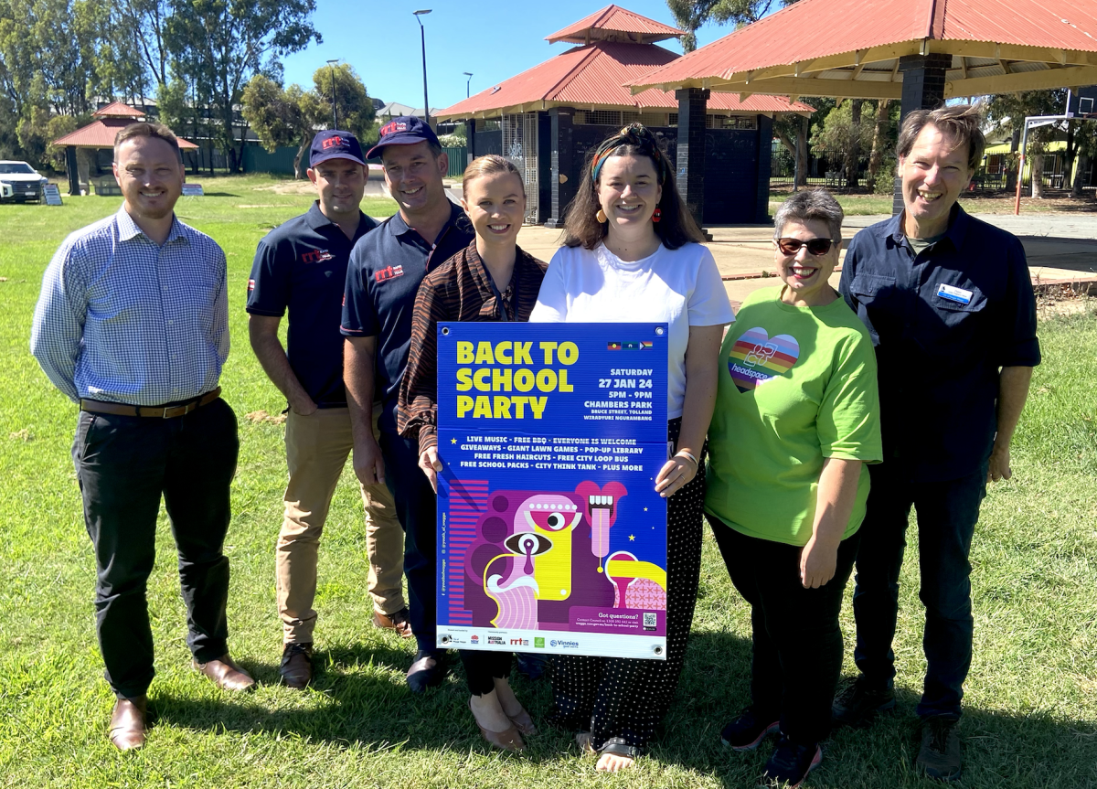 WWCC's Alex Osgood with community partners launching the Wagga Back to School Party.