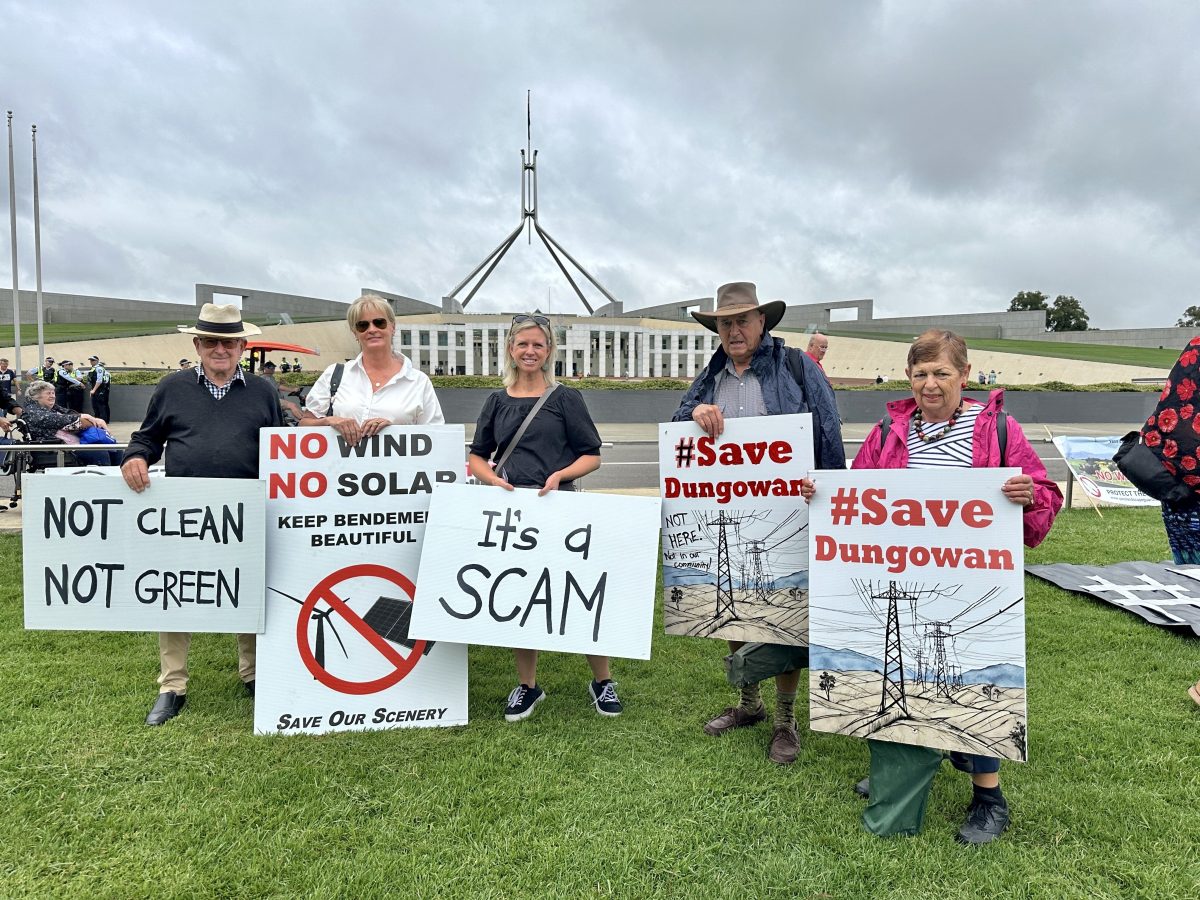 Protesters gathered at Parliament House in February for the Reckless Renewables Rally. 