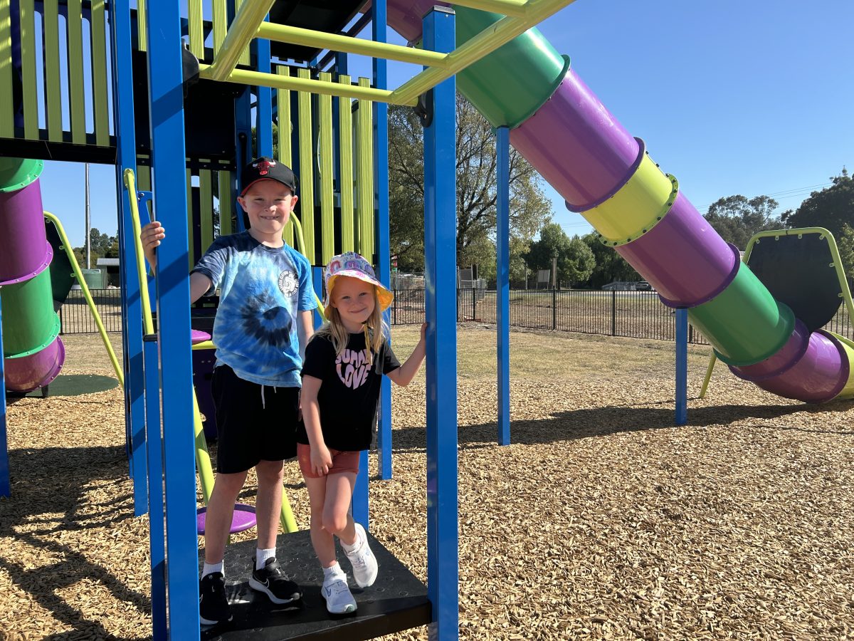 Two children stand on playground equipment