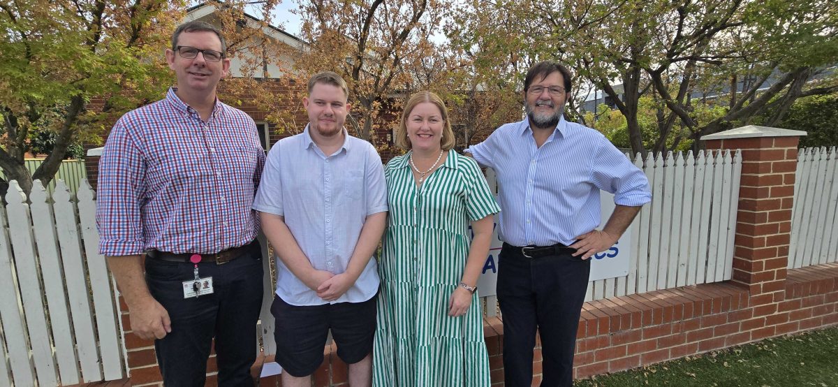 Murrumbidgee Local Health District transitional nurse practitioner in diabetes education Mark Taylor with his son Oliver, wife Cathrine and Oliver’s Paediatrician and Clinical Director Paediatrics for Wagga Base Hospital Dr John Preddy. 