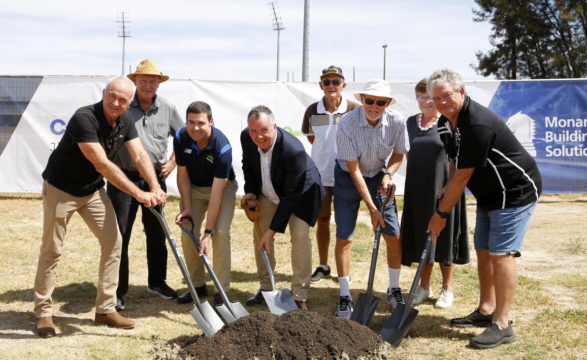 Members of Wagga Wagga City Council, the Riverina tennis community and NSW Tennis officially kicked off construction of Jim Elphick Tennis Centre. Photo: Wagga Wagga City Council