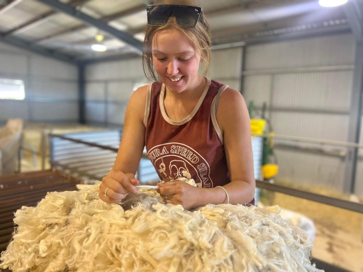 young woman with pile of freshly shorn wool