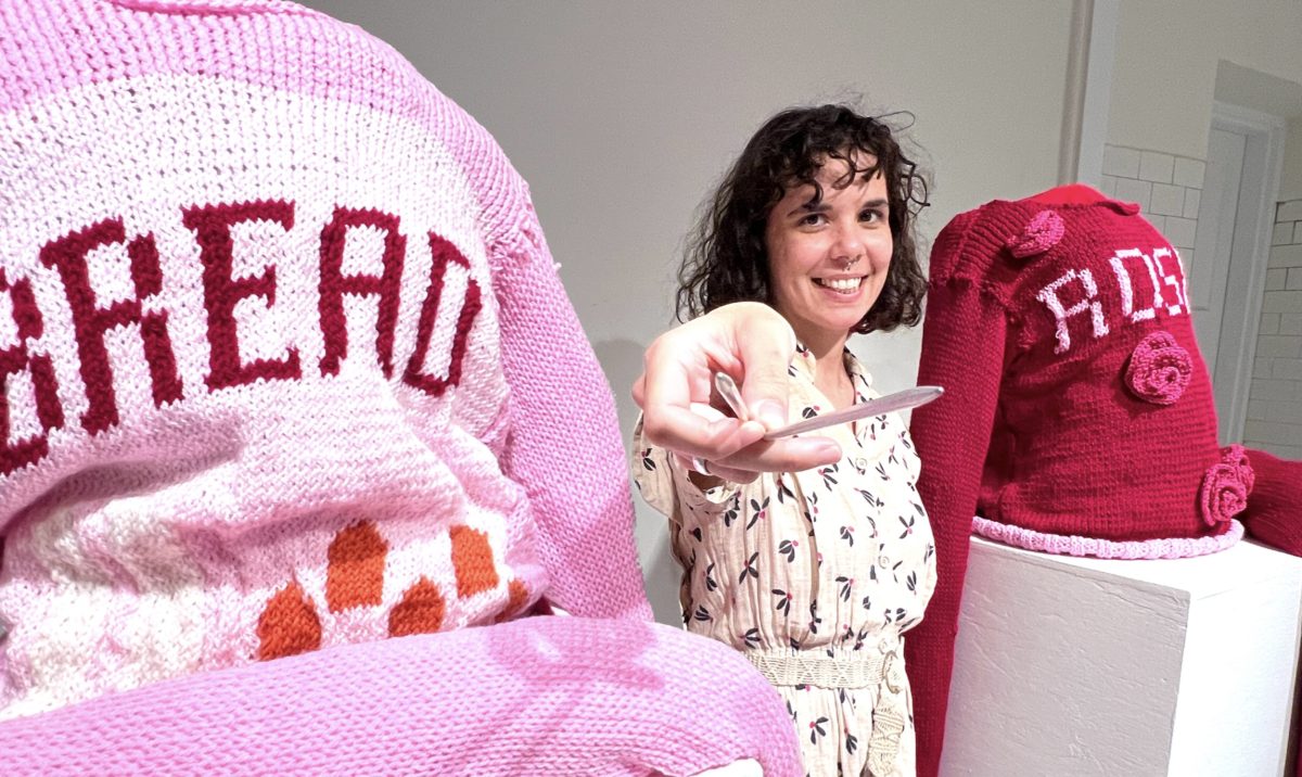 Mary Egan has been knitting up a storm to create her work Ahh Crumbs (Bread and Roses).