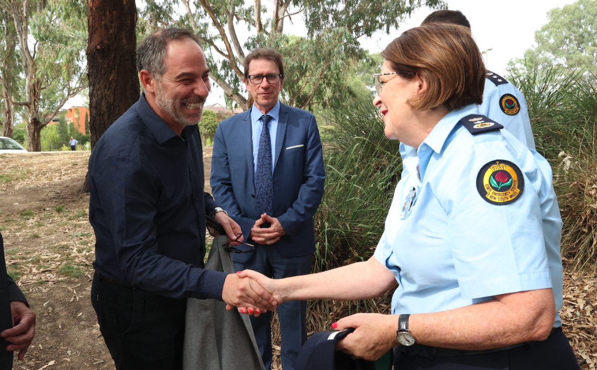Emergency Services Minister Jihad Dib with NSW SES Commissioner Carlene York and the Member for Wagga Wagga Dr Joe McGirr.