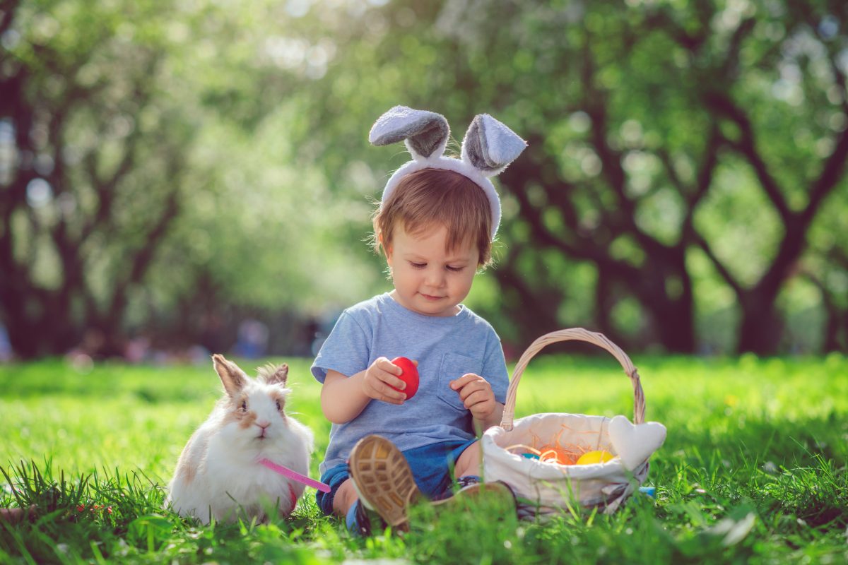 toddler with rabbit and Easter eggs