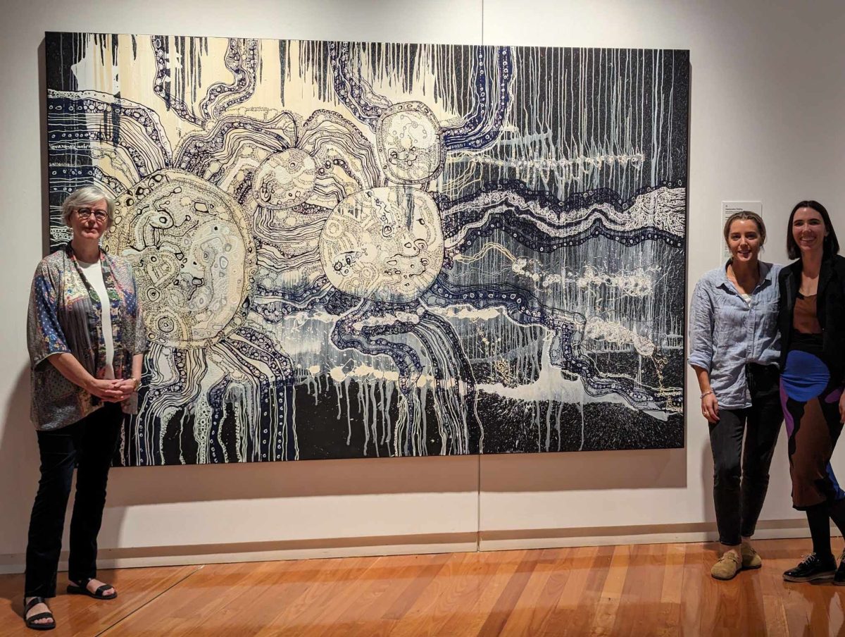 Wagga Wagga Art Gallery Director Dr Lee-Anne Hall and artists Julia Roche and Anna Louise Richardson with the 2023 Wynne Prize-winning artwork.