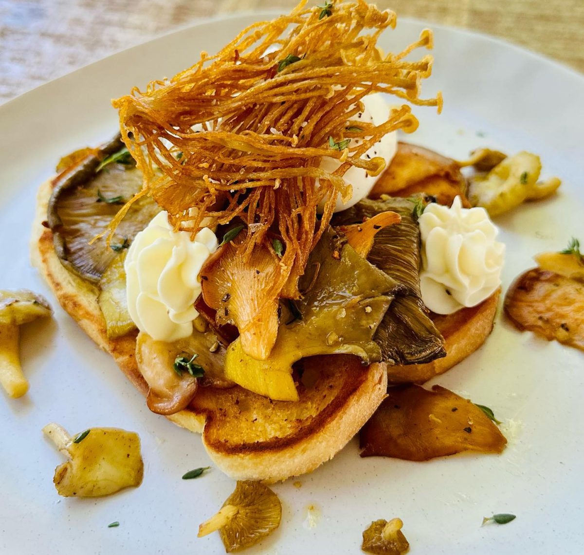 Snowy mountain mushrooms, donegal farm eggs (poached), whipped ricotta and fried enoki on toasted sourdough